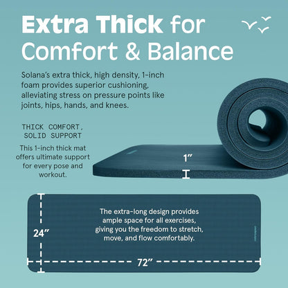 Premium Solana 1" Thick Non-Slip Yoga Mat with Nylon Carry Strap - Perfect for Home Yoga, Pilates, Stretching, and Fitness Workouts for Men & Women