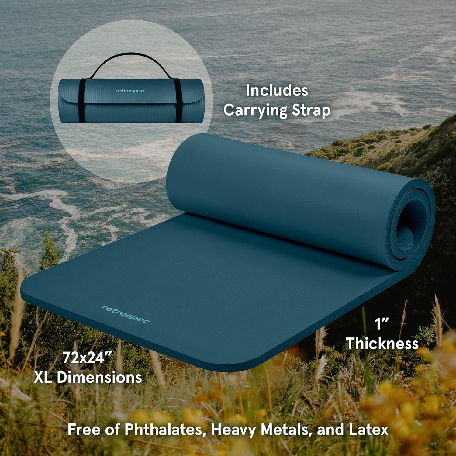 Premium Solana 1" Thick Non-Slip Yoga Mat with Nylon Carry Strap - Perfect for Home Yoga, Pilates, Stretching, and Fitness Workouts for Men & Women